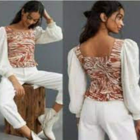 NWT Love The Label Anthropologie $160 Eyelet Boho Smocked Puff Sleeve Blouse XS - Picture 2 of 2